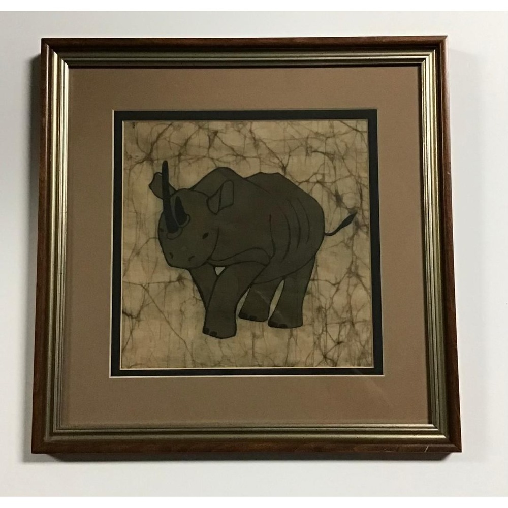 Vintage African Rhino Batik Fabric Art Framed Textile Rhinoceros Tribal Decor‎